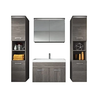 Abbildung von Badezimmer Badmöbel Set Paso XL LED 80cm Waschbecken Grau Eiche Unterschrank 2X Hochschrank Möbel