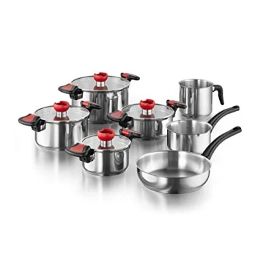 Abbildung von Kopf Topf Set Kochtopfset Nelo 11 teilig, Edelstahl (11 tlg), inkl. 4 Glasdeckel, mit praktischer Ausgießhilfe, Induktion
