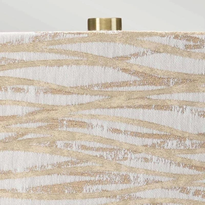 Abbildung von Elstead Lighting MILO AB TL LANT Tischleuchte E27 1x60W Keramik/Stahl Altmessing, weiß, orange; Stoff mit beige linear Pattern H:69cm B:36cm