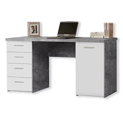 Abbildung von FORTE Net106 Schreibtisch mit 4 Schubladen und 1 Tür, Holzwerkstoff, Betonoptik Lichtgrau / Weiß, 145 x 60 76.3 cm