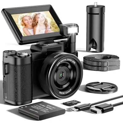 Abbildung von Digitalkamera 5K 64MP Autofokus Kamera Kompaktkamera Kinderkamera Fotokamera Vintage Kinder Retro Fotokamera, 180 Klappbarer LCD Bildschirm HD Kompakte Vlog Kamera, 3 Zoll, 32GB Karte