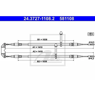 Abbildung von ATE 24.3727 1108.2 Handbremsseil 1410, 1410 SAAB: 9 5 Kombi, Limousine