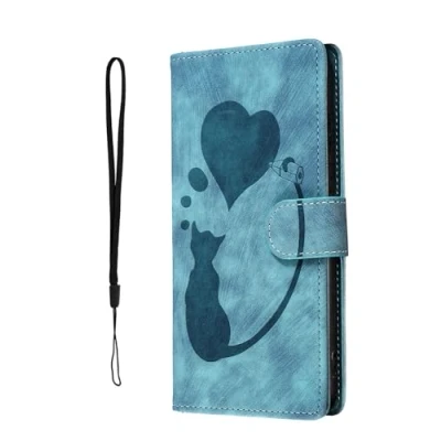Abbildung von Nodigo EU Kompatibel für Samsung Galaxy A15 4G 5G Leder Hülle Katze Magnetisch Kickstand mit Kartenfach Muster Motiv Design Hüllen Handyhülle Book Wallet Tasche Case Blau B