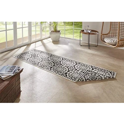 Abbildung von NORTHRUGS in und Outdoor Teppich Jardin 80x350cm Wendeteppich Wetterfest Orientalisches Vintage Design Läufer für Balkon Terrasse Garten Wintergarten Wohnzimmerteppich Wasserfest Schwarz Creme