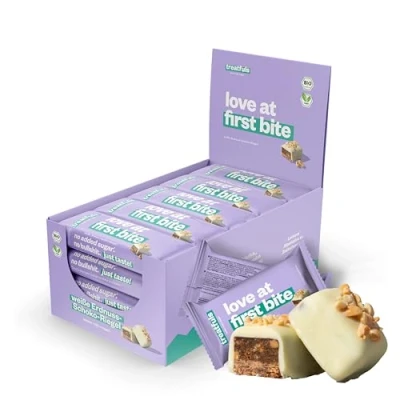 Abbildung von treatfuls weiße Schoko Erdnuss Riegel aus Datteln &amp; Nüssen vegan 100% Natürlich Fairtrade glutenfrei 20 x 40g