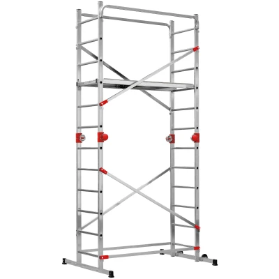 Abbildung von Hailo G60 Alu Multifunktionsgerüst 2 x 12 Sprossen belastbar bis 150 kg/m2 Plattform mit Durchstiegsluke fahrbares Gerüst verwendbar als Anlegeleiter, Doppelleiter, Baugerüst Silber