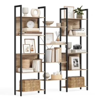 Abbildung von VASAGLE Bücherregal, Standregal mit 14 Ablagen, Regal Metallrahmen, für Wohnzimmer, Arbeitszimmer, Büro, Industrie Design, 24 x 158 166 cm, Kamelbraun tintenschwarz LLS107K01