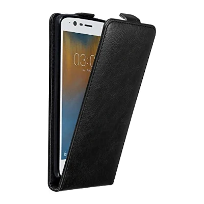 Abbildung von Cadorabo Hülle kompatibel mit Nokia 3 2017 Flip Design aus Premium Kunst Leder Klappbare Stoßfeste Magnetische Cover für Tasche in Schwarz