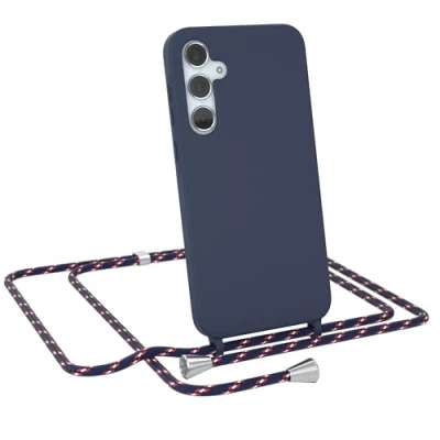 Abbildung von EAZY CASE Hülle mit Band kompatibel Samsung Galaxy A35 Handyhülle für Silikon Mikrofaser stoßfester Fallschutz Kette zum Umhängen Handykordel in Navy Camouflage
