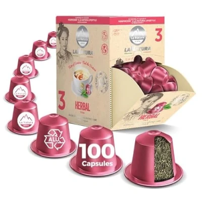 Abbildung von PREMIUM KRÄUTERTEE, 100 Teekapseln kompatibel mit Nespresso Kapselmaschinen, ausgewogene Mischung aus verschiedenen Kräutern wie Kamille, Minze und Lavendelblume, by La Natura Lifestyle