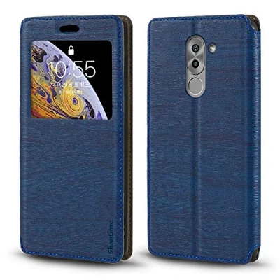 Abbildung von Huawei Honor 6X Hülle, Holzmaserung Leder Hülle mit Kartenhalter und Fenster, Magnetische Flip Cover für Mate 9 Lite