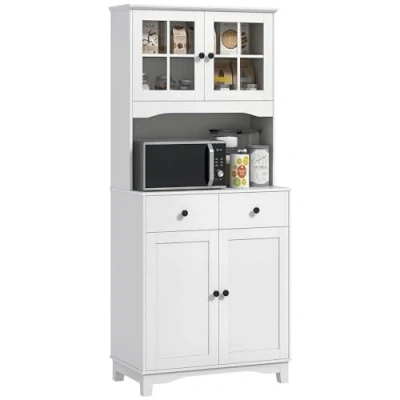 Abbildung von HOMCOM Küchenbuffet Küchenschrank mit Mikrowellenregal, 2 Schränken, Schubladen (Vitrinenschrank, 1 St., Hochschrank) Buffetschrank für Wohnzimmer, Esszimmer, Weiß
