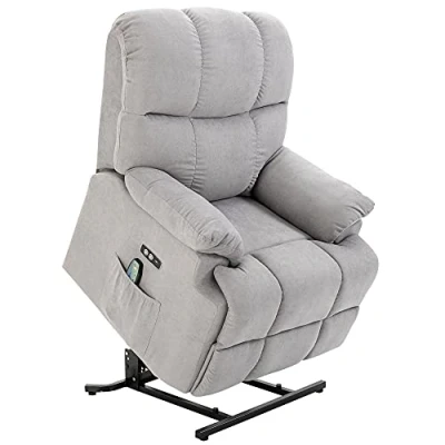 Abbildung von HOMCOM Massagesessel Sessel mit Aufstehhilfe Relaxsessel Fernsehsessel Wärmefunktion Verstellbarer Winkel USB Fernbedienung Kurzplüsch Grau 83 x 95 105 cm