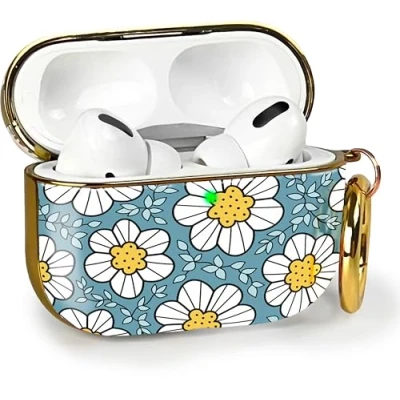 Abbildung von MyGadget Hardcase Hülle [ Blumen Motiv ] kompatibel mit Apple AirPods Pro (2.Gen 2022) Qi Karabiner LED Licht sichtbar Blau