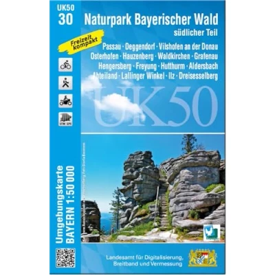 Abbildung von UK50 30 Naturpark Bayerischer Wald südlicher Teil: Passau, Deggendorf, Vilshofen an der Donau, Osterhofen, Hauzenberg, Waldkirchen, Grafenau, ... Karte Freizeitkarte Wanderkarte)