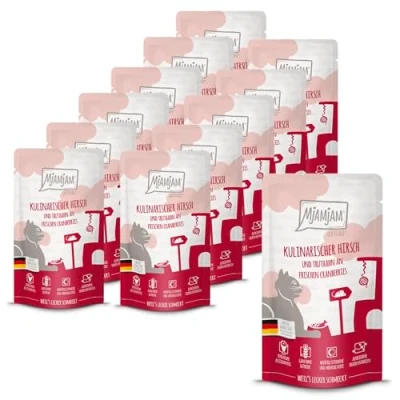 Abbildung von MjAMjAM Premium Nassfutter für Katzen Quetschie kulinarischer Hirsch und Truthahn an frischen Cranberries, 12er Pack (12 x 125 g), getreidefrei mit extra viel Fleisch