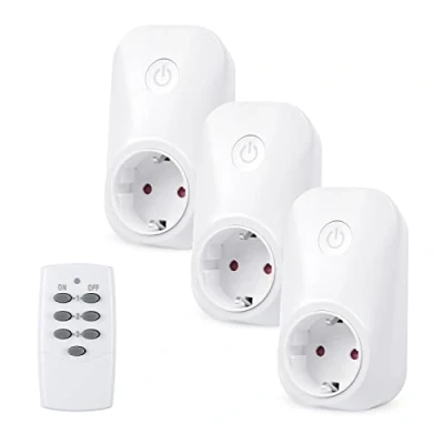 Abbildung von HBN Funksteckdose mit Fernbedienung 3680W, 3 Steckdosen+1 Handsender, Ferngesteuerte Stecker für Innen, Selbstlernfunktion, Reichweite 30m, Weiß