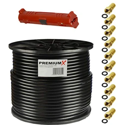 Abbildung von PremiumX 100m BASIC Koaxialkabel schwarz 135dB SAT Entmanteler 10x F Stecker Kabel
