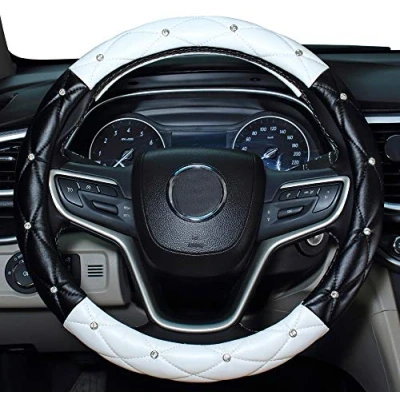 Abbildung von Mayco Bell Diamond Lenkradabdeckung für Frauen, Leder Bling Cute Car Universal 15 Zoll mit Crystal (Weiß Schwarz)