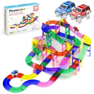 Abbildung von PicassoTiles 100 PCs Race Car Track Set Magnetic Toy Building Block with 2 LED Cars Height Adjustable Roads Signs Education STEM Kit Learning Construction Fun for Boys &amp; Girls Ages 3+