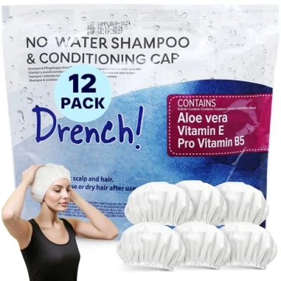 Abbildung von Drench! Haarwaschhauben 12x Haar Shampoo Cap 12er Pack Haare Waschen ohne Wasser Waschhaube Mit Conditioner Aloe Vera Vitamin E und Provitamin B5