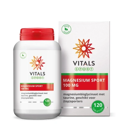 Abbildung von Vitals Magnesium Sport 100 mg 120 tabletten Magnesiumbisglycinat mit Taurin. Geeignet für Spitzensportler, auf Doping getestet.