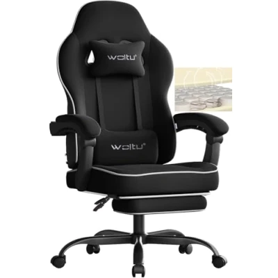 Abbildung von WOLTU Gaming Stuhl mit Taschenfederkissen, Sessel 150 kg Belastbarkeit, ergonomischer Drehstuhl, Gamer Kopfkissen, Lendenkissen, Fußstütze, Netzstoff, Schwarz, GS11sz