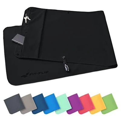 Abbildung von Fit Flip Fitness Handtuch aus Mikrofaser mit Magnet und Reißverschluss Tasche Fitnesshandtuch für Sport Gym Kompakt &amp; Schnelltrocknend Sporthandtuch Fitnessstudio Schwarz 130x48cm