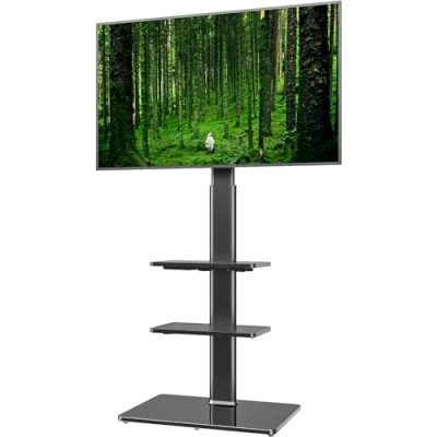 Abbildung von TV Standfuß Ständer Bodenständer Fernsehstand Fernsehtisch mit Halterung höhenverstellbar für 19 bis 42 Zoll LED LCD Bildschirm, 3 Regale schwarz HT3001BP