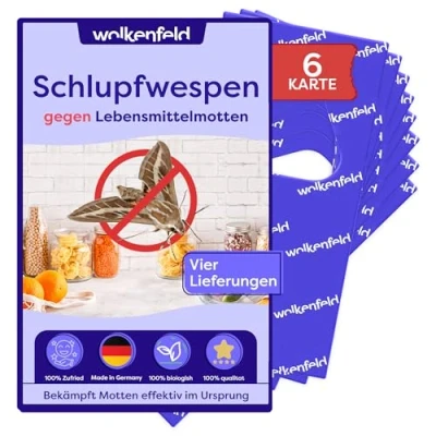 Abbildung von Wolkenfeld Schlupfwespen gegen Lebensmittelmotten 6 Karte à 4 Lieferungen Effektive &amp; Chemiefreie Mottenbekämpfung Natürliche Alternative zu Mottenfallen, Sprays Pheromonfallen