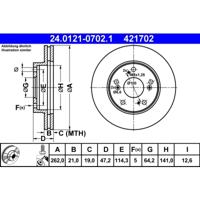 Abbildung von ATE 24.0121 0702.1 Bremsscheibe 262,0 21,0 5 114,3 Belüftet beschichtet mit Schrauben HONDA: CIVIC 7 Hatchback, 8 Stufenheck, Coupe