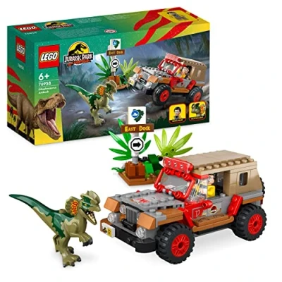 Abbildung von LEGO 76958 Jurassic Park Hinterhalt des Dilophosaurus, Dinosaurier Spielzeug Set mit Figur und Jeep für Kinder ab 6 Jahren