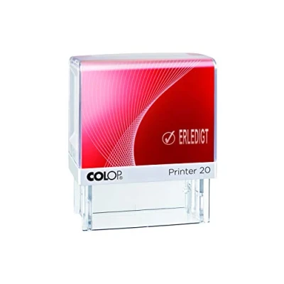 Abbildung von COLOP Printer 20 Text Stempel ERLEDIGT und Piktogramm, Abdruckfarbe blau rot. Fertigstempel mit Lagertext 2farbigem Kissen
