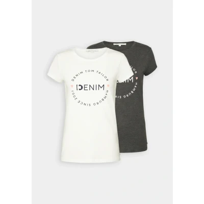 Abbildung von TOM TAILOR Denim Damen Slim Fit T Shirt mit Logo Print im Doppelpack