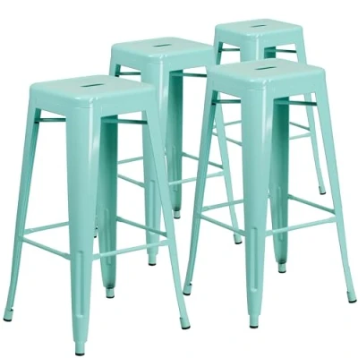 Abbildung von Flash Furniture Barhocker aus Metall, für drinnen und draußen, kommerzielle Qualität, 76,2 cm, mit quadratischem Sitz, Eisen, Kunststoff, Mintgrün, 4 Stück