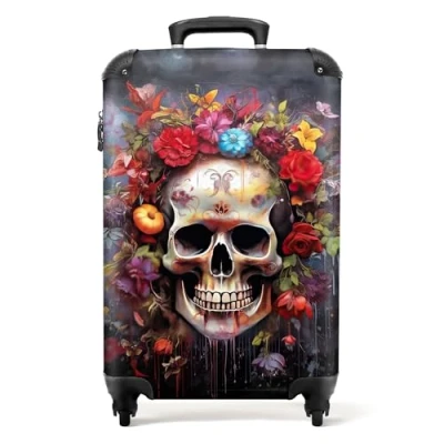 Abbildung von NoBoringSuitcases.com© Hartschalen Trolley Totenkopf Blumen Botanisch Abstrakt 55x35x20cm, 4 Rollen, Reisetasche mit Koffer Handgepäck Flugzeug