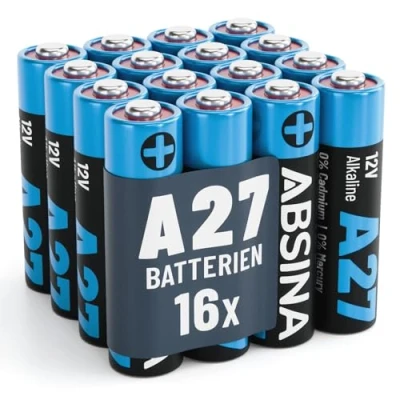 Abbildung von ABSINA 16x 27A 12V Batterie für Garagentoröffner und vieles mehr Alkaline Mini auslaufsicher &amp; mit Langer Haltbarkeit MN27 12V, A27A Batterien, LR27A, A27