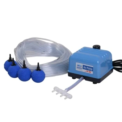 Abbildung von AquaForte Hi Flow V 10 Luftpumpenset, Komplettset mit Luftverteilern, 25 m Schlauch 4 x 6 mm und Luftsteine 5 cm, Kapazität bei 1,2 Meter Liter pro Minute, Maximaler Teich m3