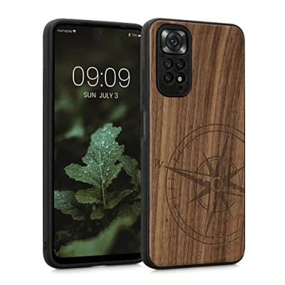 Abbildung von kwmobile Hülle kompatibel mit Xiaomi Redmi Note 11 / 11S Holz Case Handy Cover TPU Handyhülle in Dunkelbraun Kompass Vintage