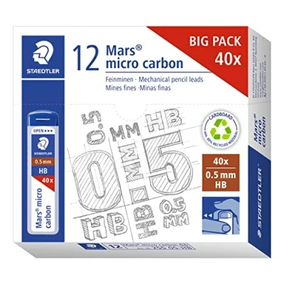 Abbildung von Staedtler Feinminen Mars micro carbon, Linienbreite 0,5 mm, Härtegrad HB, hohe Bruchfestigkeit durch elastische Mine, für viele Druckbleistifte, 10 Minendosen mit je 40 Minen, 255 05 HB