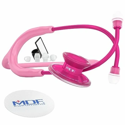 Abbildung von MDF Acoustica leichtes Stethoskop für Ärzte, Krankenschwestern, Studenten, Heimgesundheit, Erwachsene, Doppelkopf, rosa Schlauch, Bruststück Headset aus Legierung, MDF747XPPA01