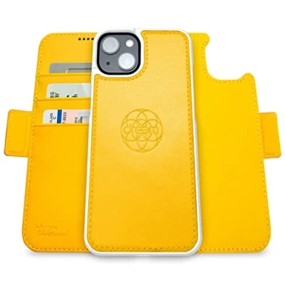 Abbildung von Dreem Fibonacci kompatibel mit iPhone 14 Brieftaschen Etui / 2 in 1 stoßfestes und abnehmbares Folio aus veganem Leder, MagSafe kompatibel, RFID Schutz [Gelb]