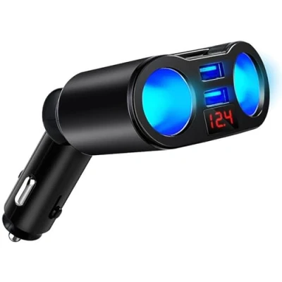 Abbildung von KFZ Ladegerät Verteiler,Auto Zigarettenanzünder Adapter,mit 2 Steckdosen Dual USB Ports Autoladegerät mit LED Spannungsanzeige