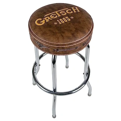 Abbildung von Gretsch &quot;1883&quot; Barhocker, Perfekt für die Spieler und Fans der Gitarre, mattgelber Logo schaumgepolstert, 30&quot;, braun