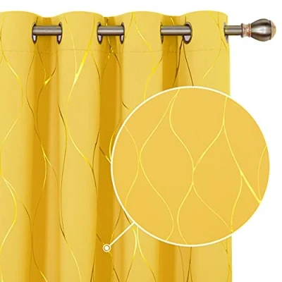 Abbildung von Deconovo Verdunkelungsgardinen mit Ösen Blickdichte Vorhänge Wohnzimmer Muster, 229x117 cm(HöhexBreite), Senfgelb, 2er Set