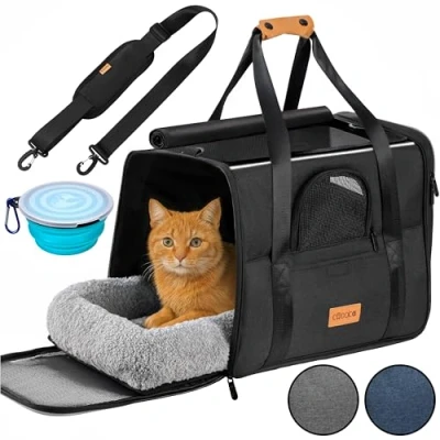Abbildung von CADOCA® Transportbox Katzen bis 20kg faltbar Schultergurt mit Napf Atmungsaktiv Komfortabel Wendekissen Haustier Katzenbox Tragetasche Rucksack Hunde Auto Anthrazit