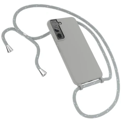 Abbildung von EAZY Case Silikon mit Kette kompatibel Samsung Galaxy S22 5G Stoßfest Handyhülle Band, Stylische Abnehmbar Necklace als Set in Grau Riemen Hellgrau/Weiß Endstücke Silber