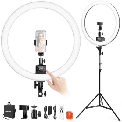 Abbildung von NEEWER 18 Zoll Ringlicht mit Stativ, SRP18 2,4G Fernbedienung/Touch Steuerung, 42W 3200K 5600K CRI95+, LED Videolicht Studio Beleuchtung für Make up Live Stream TikTok/YouTube, Tätowierer (schwarz)