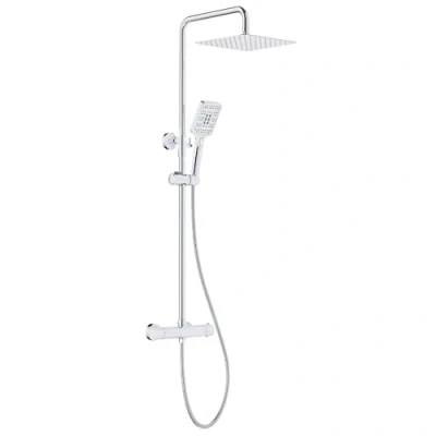 Abbildung von Rainsworth Duschsystem mit Thermostat Chrom, 25 * 25cm Quadratisch Regendusche Edelstahl, Duscharmatur Komplettset, Armatur, 3 Strahlarten Duschkopf, 92 126 cm Duschstangen