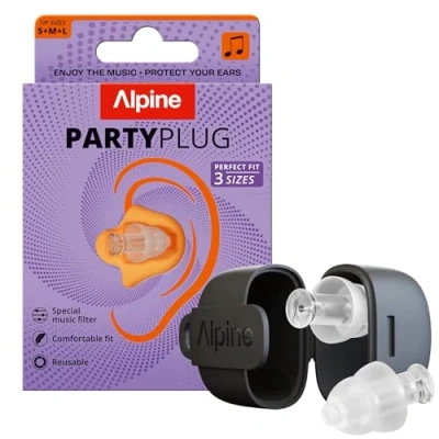 Abbildung von Alpine PartyPlug Gehörschutz Ohrstöpsel für Konzert, Festival, Musik, Party &amp; Disco Neu und Verbessert 19dB Lärmschutz Hohe Musikqualität, Wiederverwendbar, 3 Größen (S/M/L) Transparent
